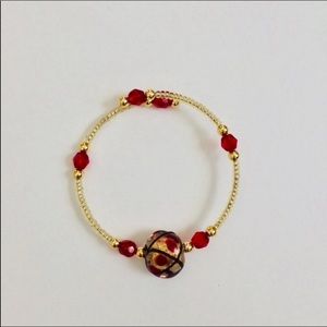 Handmade Red & Gold beaded bracelet memory wire